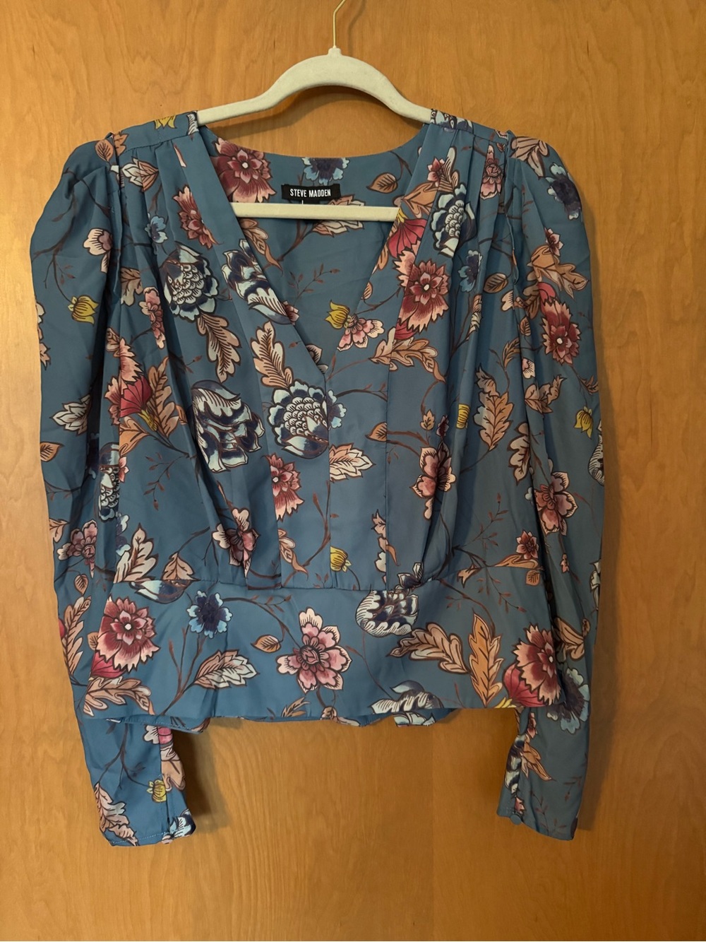Steve Madden Dusty Blue Floral Wrap Blouse